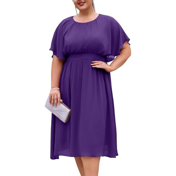 Plus Size Chiffon Dress Women Flounce Sleeves Empire Waist A Line Summer - Picture 1 of 7